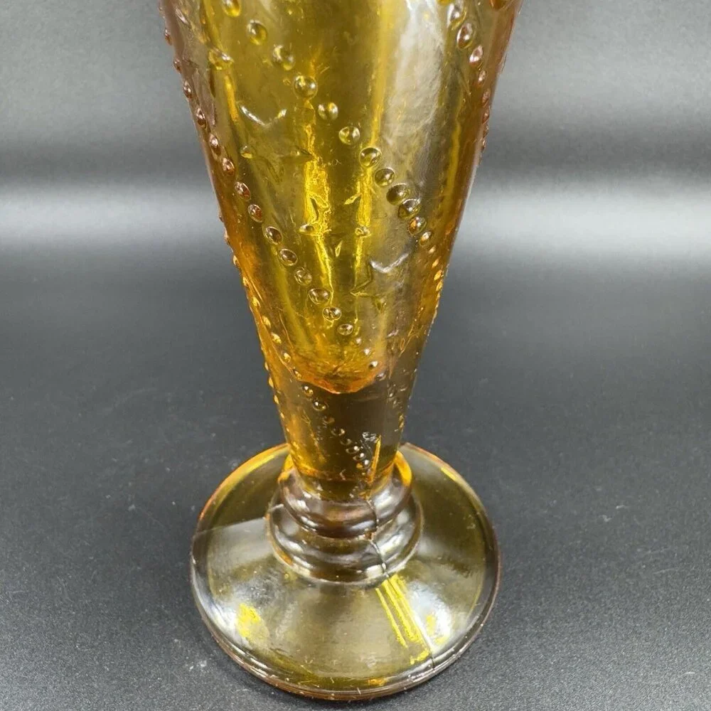 Vintage Mid Century Amber Glass Bud Vase Beaded Wavy Edges Glass‎ Vase VTG Decor
